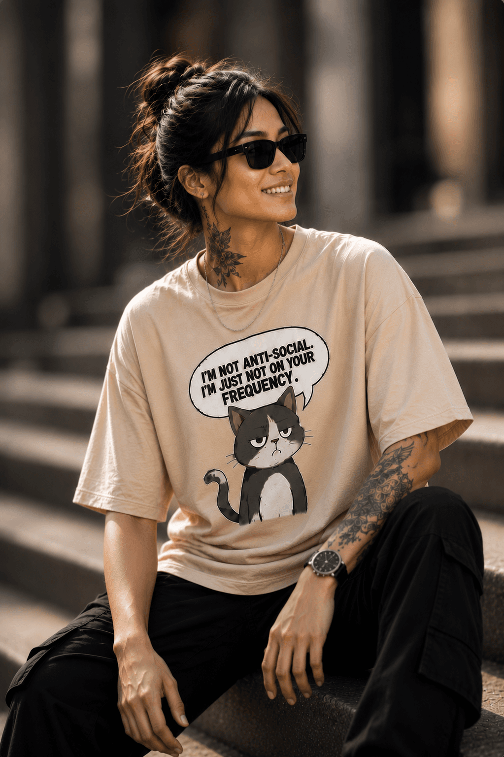 "Not On Your Frequency" Grumpy Cat Graphic Oversized T-Shirt — Beige